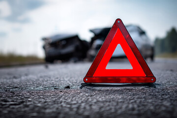 Red warning triangle on road after car crash with damaged vehicle in background. Concept of road traffic accident
