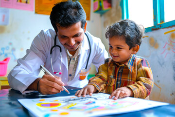An Indian boy expressing admiration for his pediatrician on Doctors Day, drawing a colorful picture to convey appreciation for their kindness and commitment to children's health.
