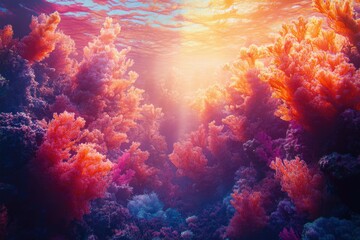 Fototapeta premium Vibrant coral reef scene bathed in sunlight, showcasing diverse coral formations and colors.