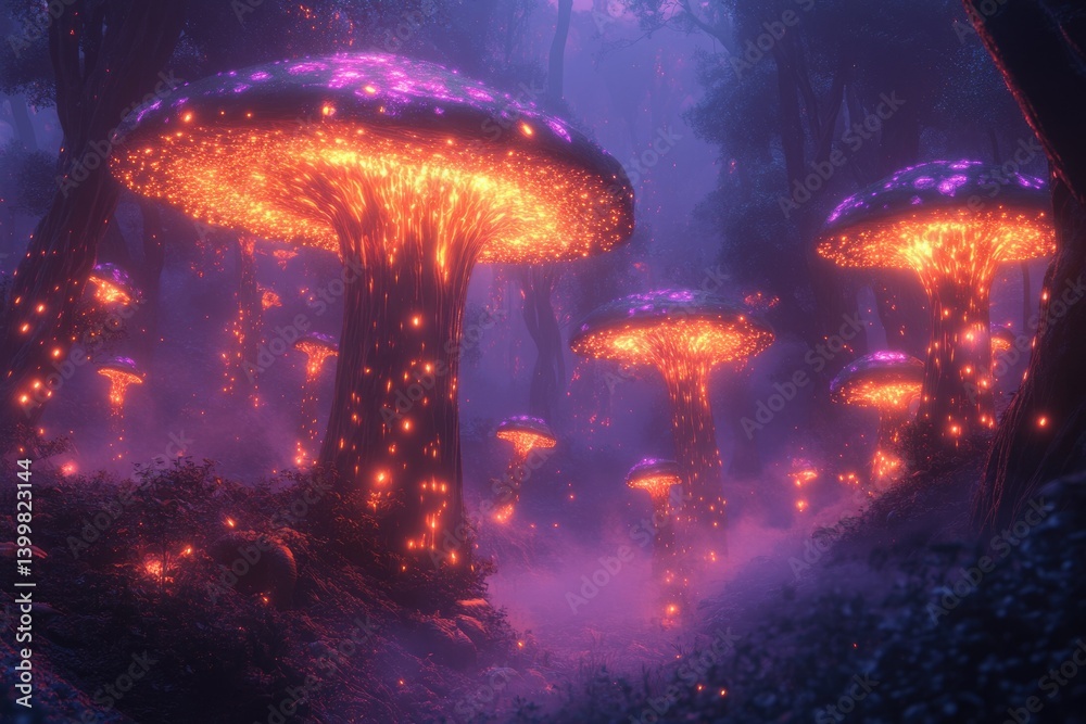 Poster enchanted forest with glowing, bioluminescent mushrooms illuminating a mystical path.