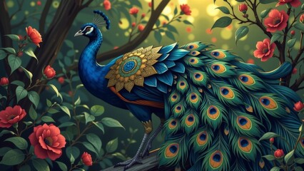 Fototapeta premium Exquisite Blue Peacock Displaying Colorful Feathers Among Vibrant Floral Garden