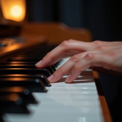 Obraz premium Elegant fingers playing piano keys in dimly lit room, focused on music creation