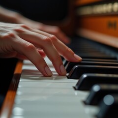 Fototapeta premium Close-Up of Elegant Hands Playing Piano Keys in Intimate Music Setting
