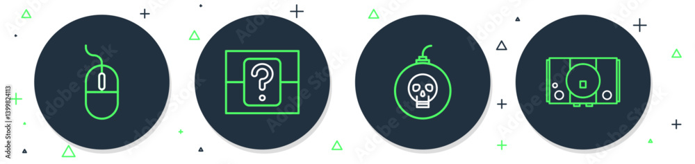 Poster set line mystery or random box, bomb ready to explode, computer mouse and video game console icon. v