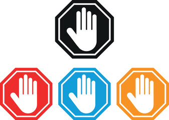 Obraz premium Colorful stop hand icon set in four colors . Stop road sign . Do not enter sign . Vector illustration