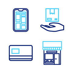 Set line Shopping building or market store, Credit card, Delivery hand with boxes and Online shopping on phone icon. Vector