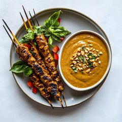 Grilled chicken satay with peanut sauce home kitchen food photography modern setting top-down view culinary delight
