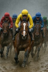 Focused jockeys in colorful uniforms on horses racing through the muddy track, competing for the victory. Kentucky Derby, horse race, competition event, sport