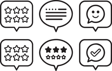 Set of 6 outline icons related to speech. Linear icon collection. Editable stroke line art. Vector illustration.