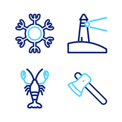 Set line Wooden axe, Lobster, Lighthouse and Snowflake icon. Vector