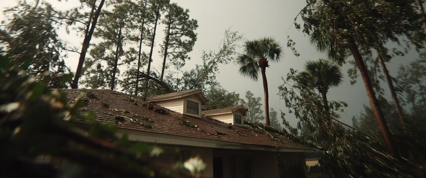 Post-hurricane destruction: two-story house with shattered roof tiles, collapsed palm tree crushing the structure, uprooted trees and debris scattered in muddy surroundings