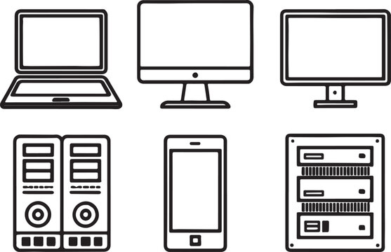 Set of 6 outline icons related to computer technology. Linear icon collection. Editable stroke line art. Vector illustration.