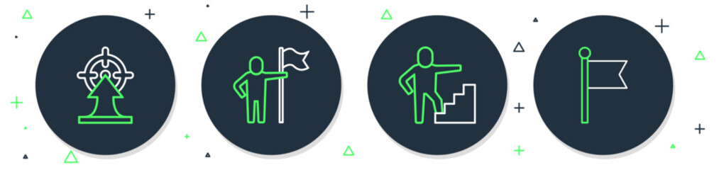 Set line Man holding flag, Stair with finish, Target and Flag icon. Vector
