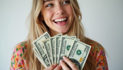 A cheerful young woman with long blonde hair beams as she holds a fan of dollar bills, radiating happiness and success. Her vibrant, colorful outfit adds to the lively atmosphere, making this image a