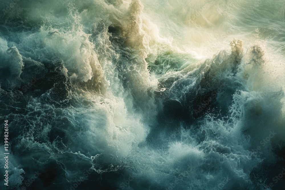 Poster Turbulent ocean waves crashing, creating a mesmerizing display of frothy whitecaps and deep teal depths.