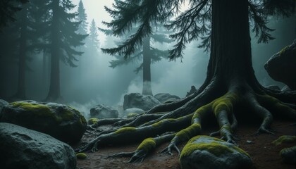 Ancient roots twist through a misty boreal forest floor, moss-covered rocks bathed in soft moonlight.