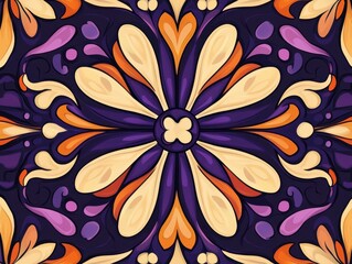 Elegant floral kaleidoscope design with vibrant purple orange and cream hues creating a mesmerizing symmetrical pattern