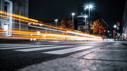 Vibrant streaks of car lights illuminate a bustling city street, capturing the dynamic, energetic essence of nightlife and urban motion.