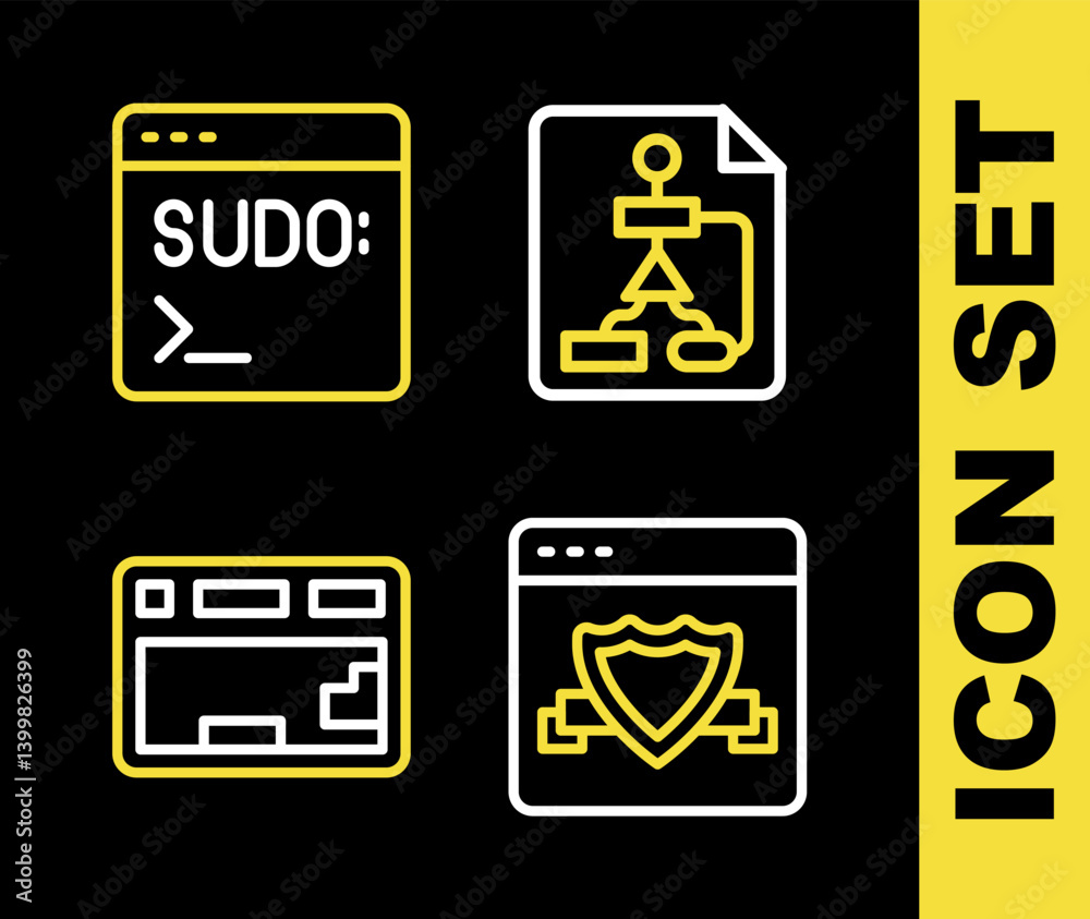 Poster set line flowchart, browser with shield, keyboard and code terminal icon. vector