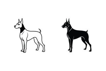 Doberman Pinscher Dog Breed Silhouette In Black And White Minimalist Vector Illustration