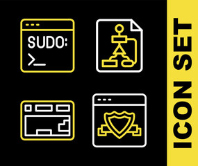 Set line Flowchart, Browser with shield, Keyboard and Code terminal icon. Vector