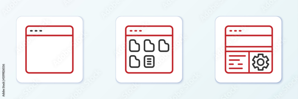 Poster set line debugging, browser window and files icon. vector