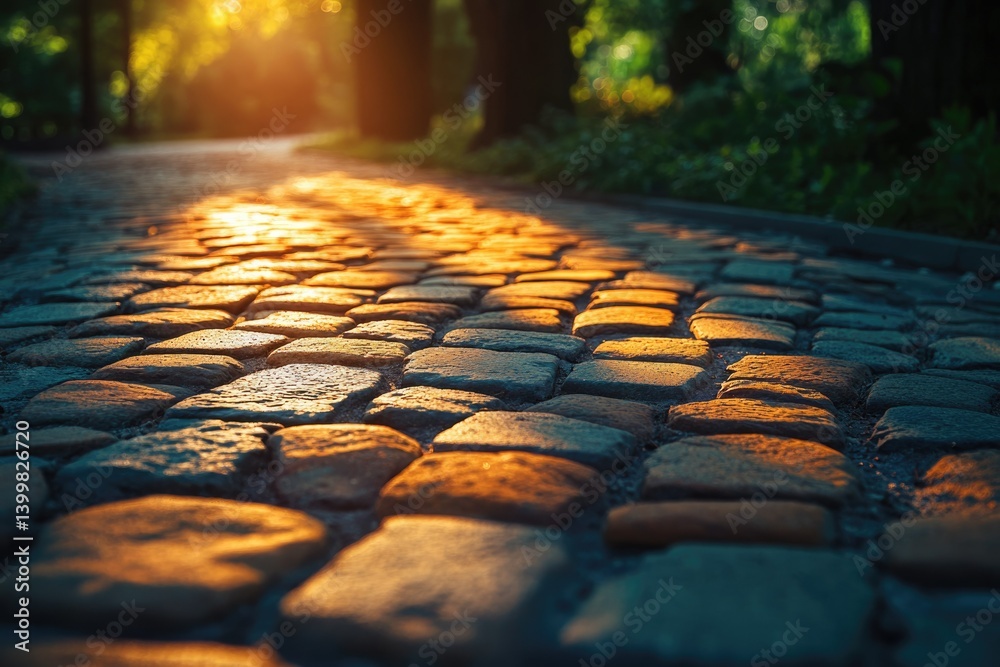 Aufkleber sunset illuminating a cobblestone pathway, creating a warm and inviting ambiance.