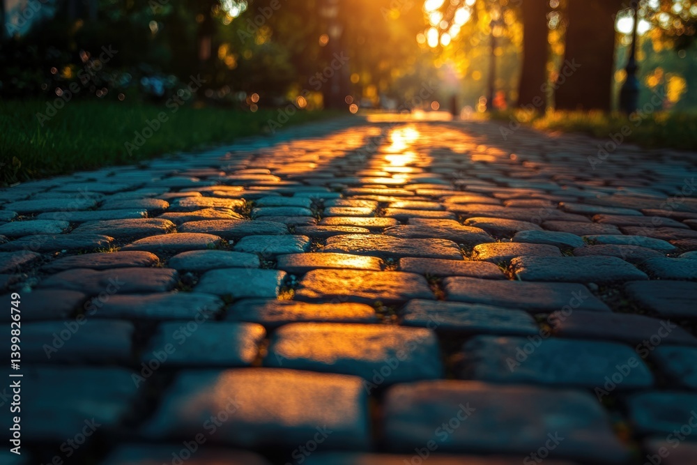 Aufkleber Sunset illuminates a cobblestone path in a park, creating a warm, inviting atmosphere.