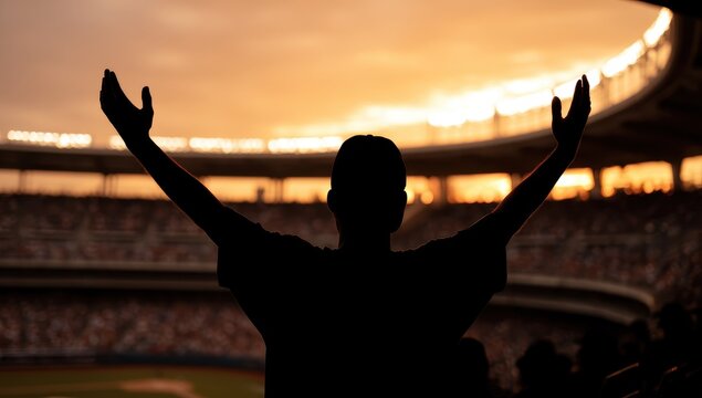 Silhouette of man celebrating at sunset in stadium. - Powered by Adobe