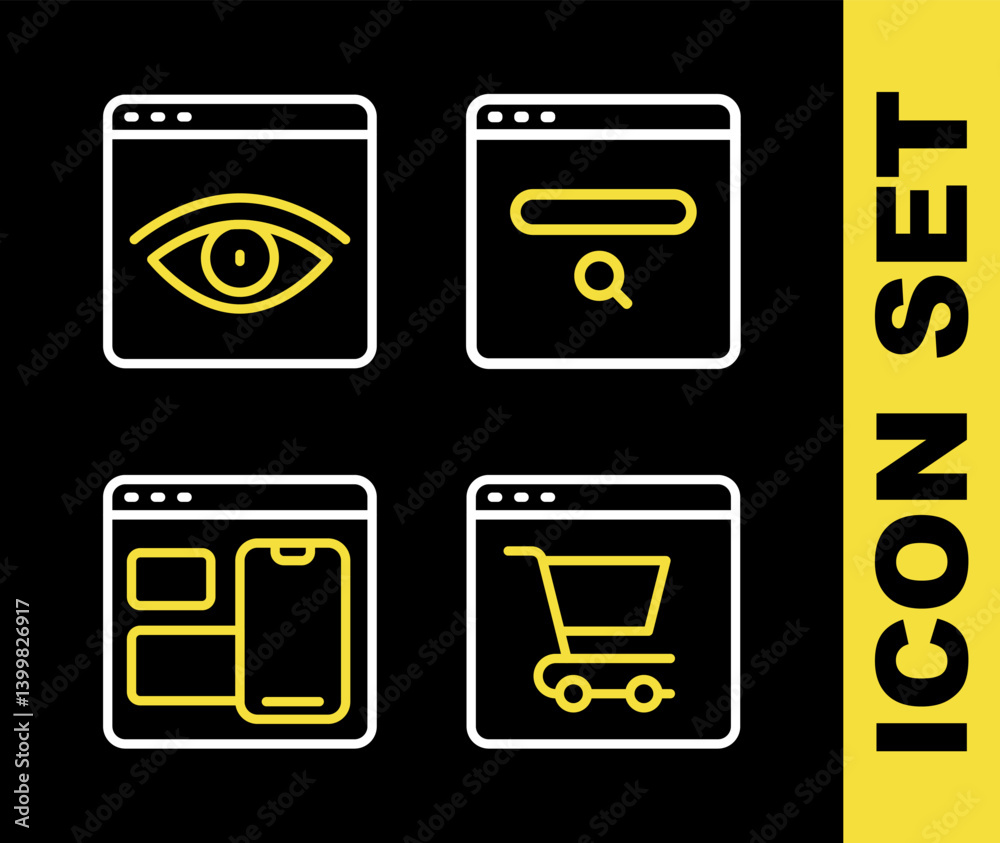 Poster Set line Search engine, Online shopping on screen, Web developer programming code and Browser incognito window icon. Vector