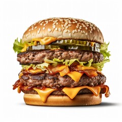 The Ultimate Burger: A mouthwatering close-up of a delicious, juicy burger with two beef patties, melted cheese, crispy bacon, fresh lettuce, and pickles, all nestled between a sesame seed bun.
