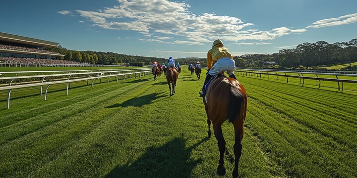 Back view of group of jockeys and horses training on vibrant green grass track bordered by grandstand and trees under bright, partly cloudy sky.