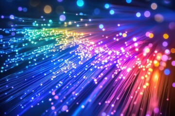 Fototapeta premium Vibrant fiber optic cables illuminated with a spectrum of colors creating a futuristic and dynamic visual experience in a dark background