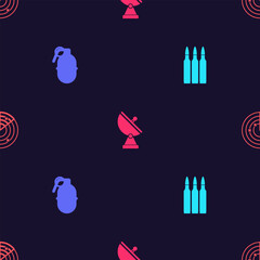 Set Bullet, Hand grenade, Radar and with targets on seamless pattern. Vector