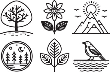Set of 6 outline icons related to nature. Linear icon collection of bird, hill or mountain with sun, flower, tree and some. Editable stroke line art. Vector illustration.