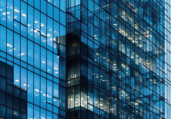 Modern Skyscraper Glimmering Under Blue Evening Sky with Reflective Glass Facade
