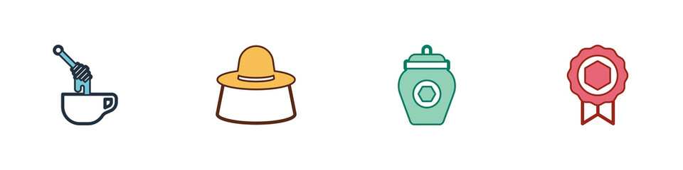 Set Honey dipper stick with honey, Beekeeper protect hat, Jar of and medal icon. Vector