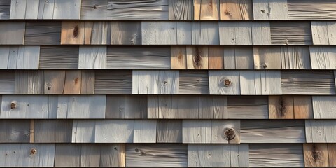 Close-up of wooden shingles with a weathered texture in a repetitive pattern, showcasing natural materials, traditional craftsmanship, and architectural siding details

