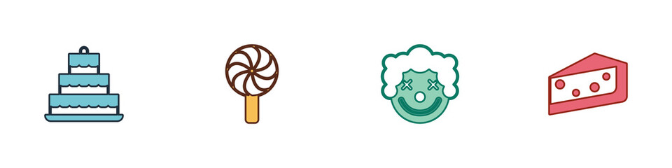 Set Cake with burning candles, Lollipop, Clown head and Piece of cake icon. Vector