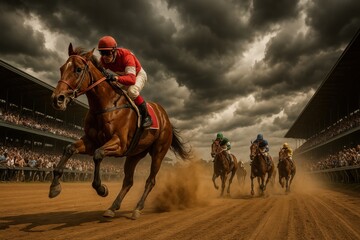 Cinematic, intense competition scene with jockeys on purebred horses galloping forwards on a dirt track under cloudy sky, crowds watch from the flanking grandstands. Kentucky Derby