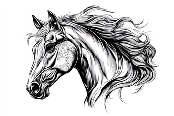 Majestic horse head, windswept mane, white background, equestrian art, ideal for print