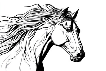Obraz premium Majestic horse head, windswept mane, white background, graphic art, equine design