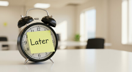 Clock with sticky note indicating tasks to do later inside a modern office workspace