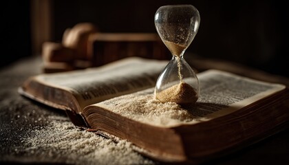 An antique hourglass with flowing sand atop weathered parchment of an open medieval book, dark mahogany table surface dusted with scattered grains