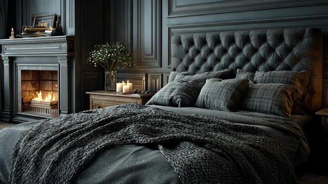 Luxurious bedroom interior with velvet headboard, fireplace, candles, and decorative elements in classic style, creating a cozy and inviting atmosphere.
