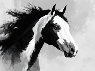 Obraz premium Majestic paint horse portrait, windswept mane, gray background, art print