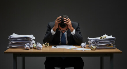 Stressful work environment with overwhelmed businessman surrounded by paperwork at office desk during evening