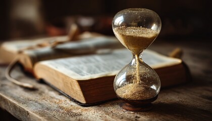 An antique hourglass with flowing sand atop weathered parchment of an open medieval book, dark mahogany table surface dusted with scattered grains
