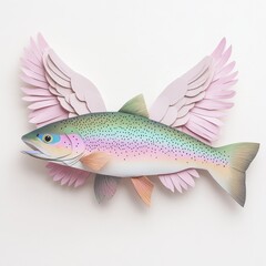 Fototapeta premium a rainbow trout with paper wings, imaginative flight theme, pastel collage style, isolated on white background