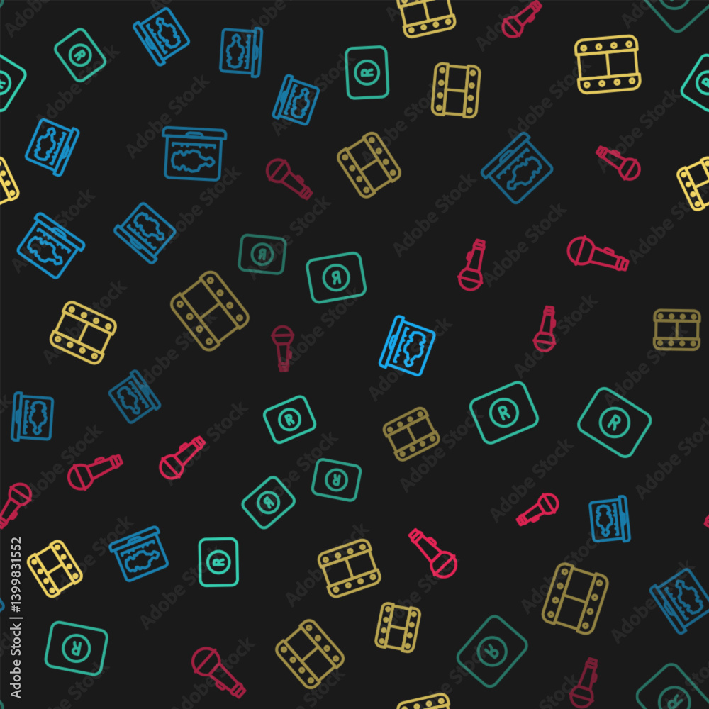 Poster set line sound or audio recorder, record button, play video and microphone on seamless pattern. vect